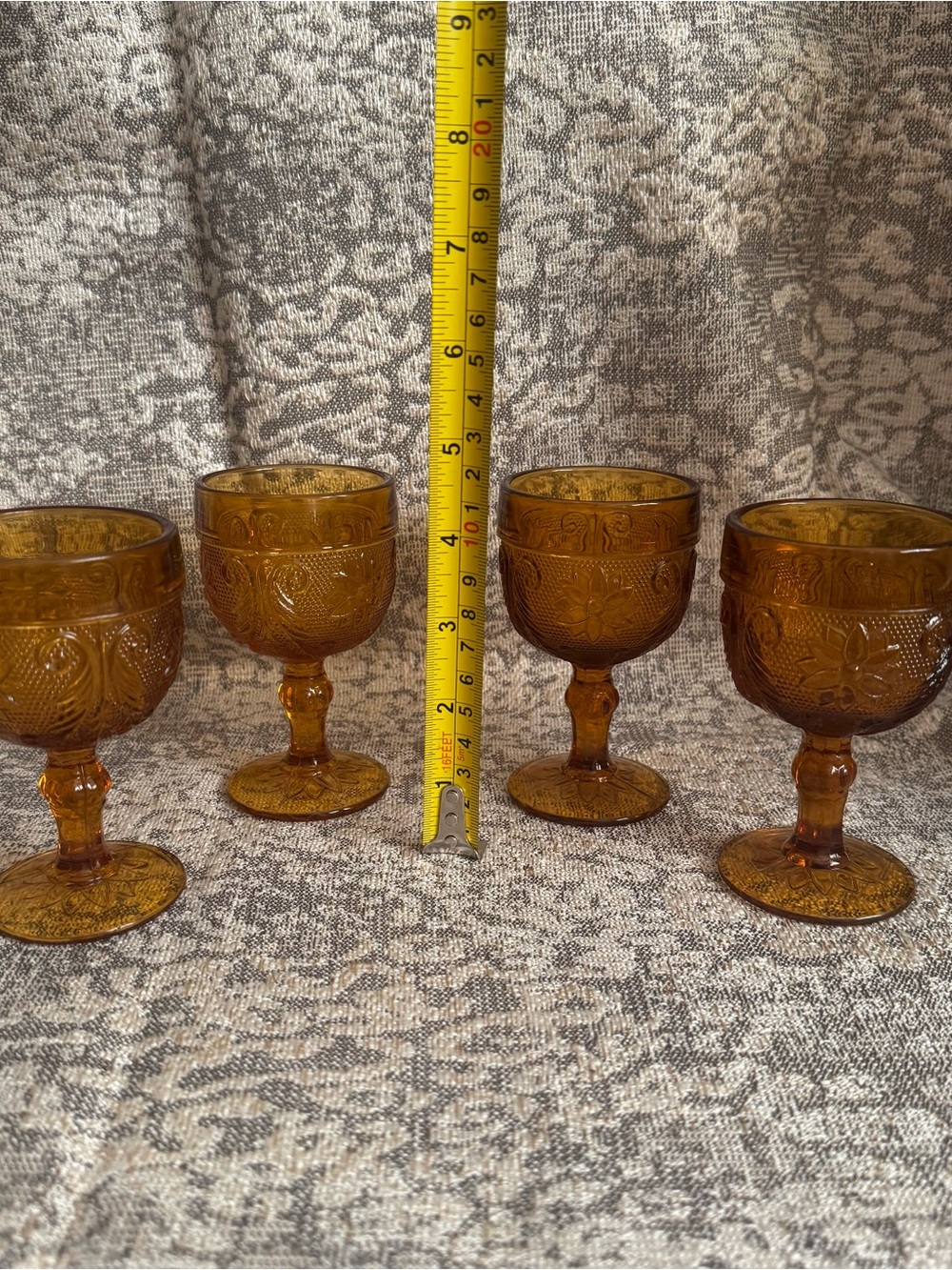 Tiara Amber Pressed Glass Cordial Glasses 4.25” Amber Sandwich Pattern Set of 4